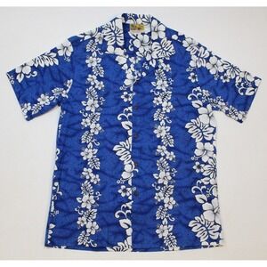 Vintage Winnie Fashion Shirt Mens Medium Blue Hawaiian Aloha Made in Hawaii‎ Y2K